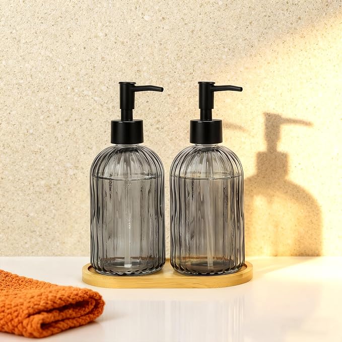 Glass Soap Dispenser Set with Wood Tray, Glass Soap Dispenser with Plastic Pump, Hand and Dish Set for Bathroom Decor (Grey)