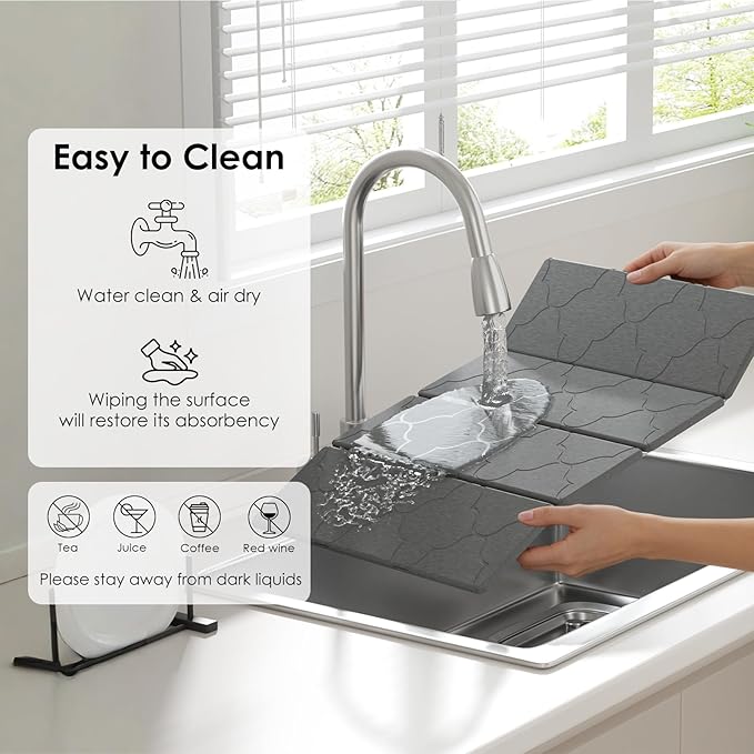 3 PCS Large Stone Dish Drying Mat for Kitchen Counter -24"x16" Absorbent Diatomaceous Earth Mat with Stone Faucet Mat & Soap Tray - Quick Dry, Collapsible, Non-Slip Countertop Organizer