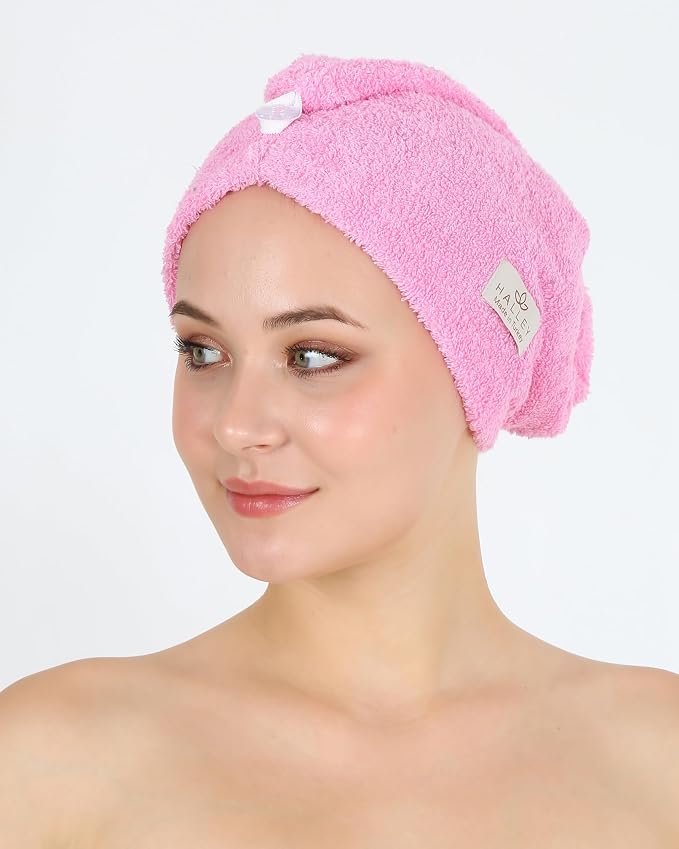 HALLEY Cotton Hair Towel Wrap (3 Packs) Super Absorbent Fast Drying Hair Towel for Thick Hair Turbans for Wet Hair with Button (Black, White, Pink)