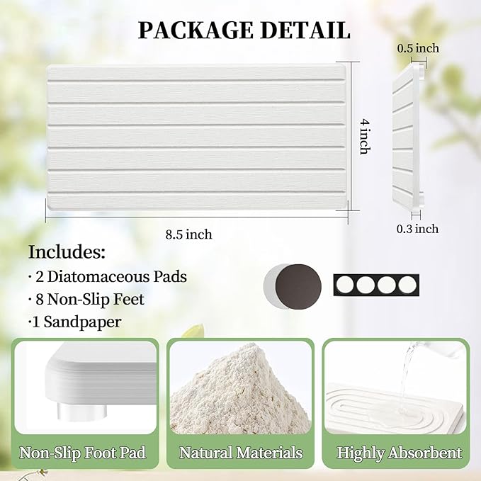 2 PCS Water Absorbing Diatomite Coasters, Stone Drying Mat for Kitchen Counter, Quick Dry Stone Mat Trays for Bathroom Kitchen Counter, Soap Dish Tray Used for Hand Soaps (White-B, 8.3" x 4")