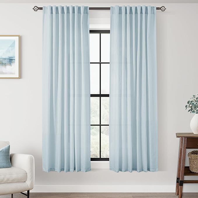 Sky Blue Curtains 63 inch Length for Bedroom Back Tab Light Filtering Semi Sheer Blue Living Room Curtains Linen Cotton Textured Drapery Panel Aesthetic Decor Light Blue 52x63
