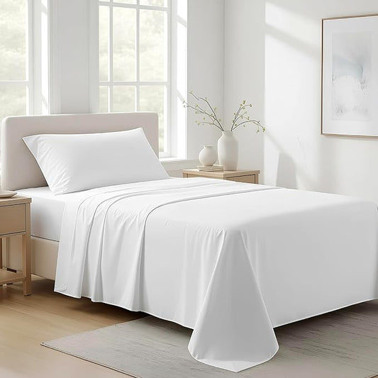 100% Organic Cotton Sheets Twin XL Size - Organic Cotton Twin XL Size Percale Weave Sheet Set (3 PC, White), Soft, Cooling, Crisp & Breathable, 16" Deep Pocket Hotel Bedding Set