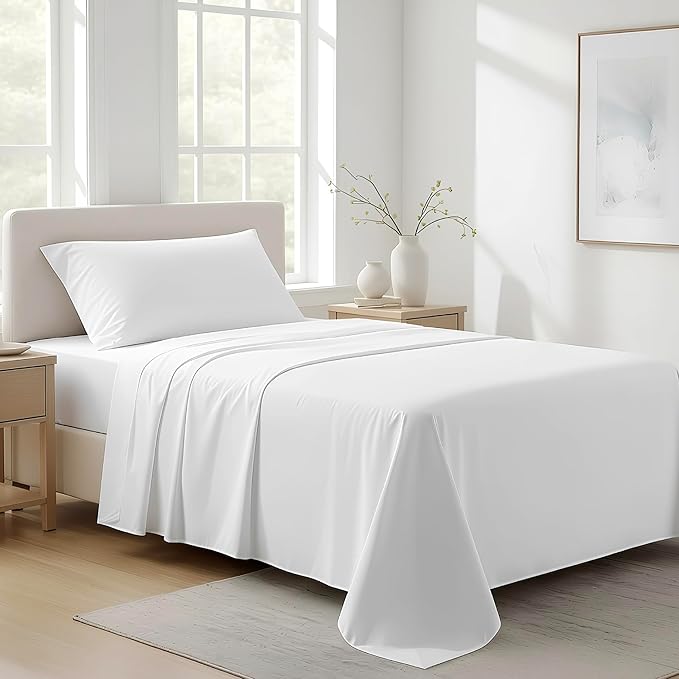 100% Organic Cotton Sheets Twin Size - Organic Cotton Twin Size Percale Weave Sheet Set (3 PC, White), Soft, Cooling, Crisp & Breathable, 16" Deep Pocket Hotel Quality Bedding Set