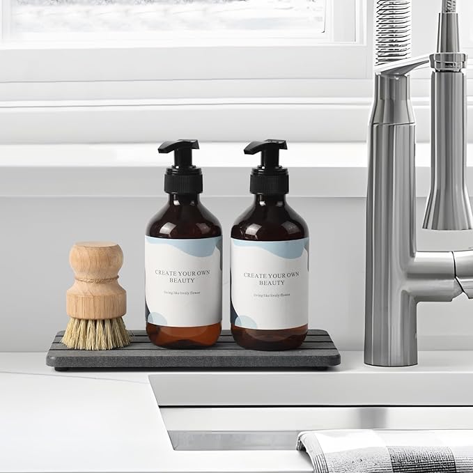 2 Pcs Fast Drying Diatomite Bathroom Tray, Grooved Design, Water Absorbing Stone, Soap Dish Holders, Sink Organizer for Bathroom and Kitchen (Dark Grey)