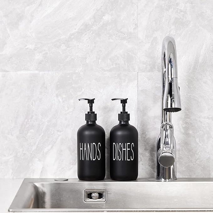 COHOSEGE Glass Soap Dispenser Set 2 Pack,Contains Hand and Dish Soap Dispenser.Premium 16 Oz Black Kitchen Soap Dispenser Set for Kitchen Sink and Farmhouse Decor
