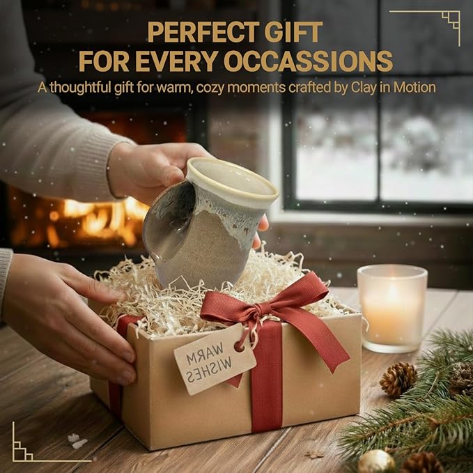 Clay in Motion Hand Warmer Coffee Mug – Handmade Coffee Mug With Comfortable Handle Contoured Pocket Hand Warming Ceramic Coffee Mug – Proudly Made in USA – Left Handed – 14 Oz - Desert Sand
