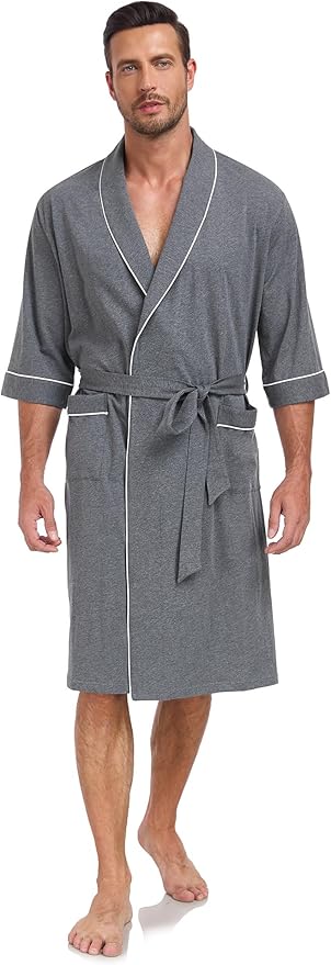 COLORFULLEAF 100% Cotton Men’s Summer Bathrobe Lightweight & Breathable Short Sleeve Kimono Robe with Pockets