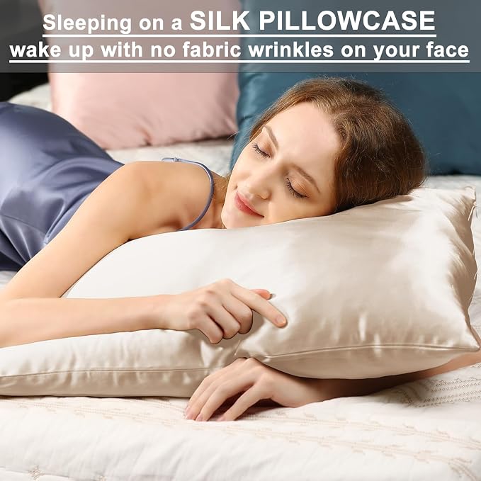 Ravmix Silk Pillow Cases with Zipper, 21momme Mulberry Silk Pillowcase for Hair Skin Health, Soft Smooth Breathable Cool Pillow Cover for Beauty Sleep with Gift Box 1PC(King 20"x36", Beige)
