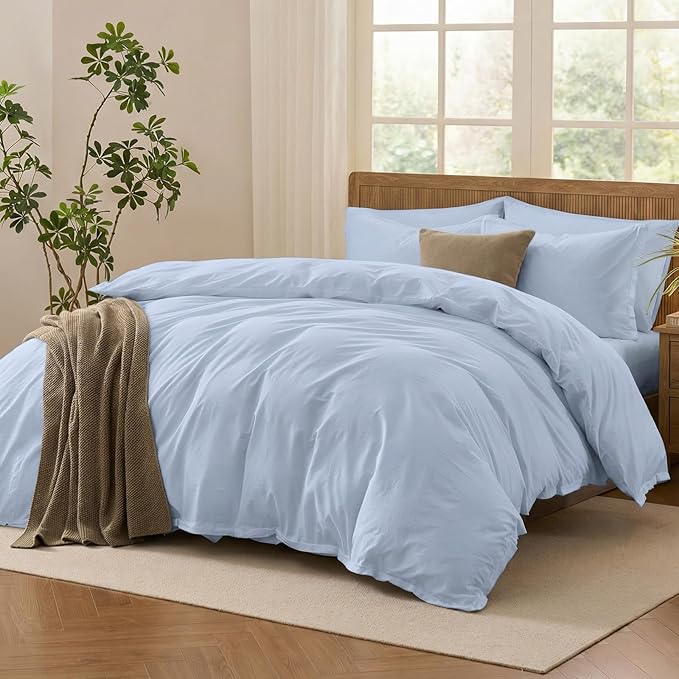Duvet Cover Set Queen Size, 100% Washed Cotton, Light Weight Breathable Comforter Cover Linen Feel, 3PCs Breathable Bedding Set for All Season, Blue 90"x90"