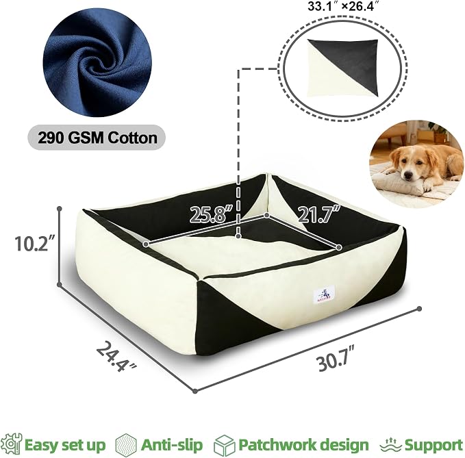 Cotton Canvas Dog Bed, Cute Dog Bed Medium Size Dog, Puppy Bed with Washable Removable Cover, Durable 290 GSM Cotton Anti-Chewing Pet Bed with Anti-Slip Bottom (30"x25"x10", Black&White)