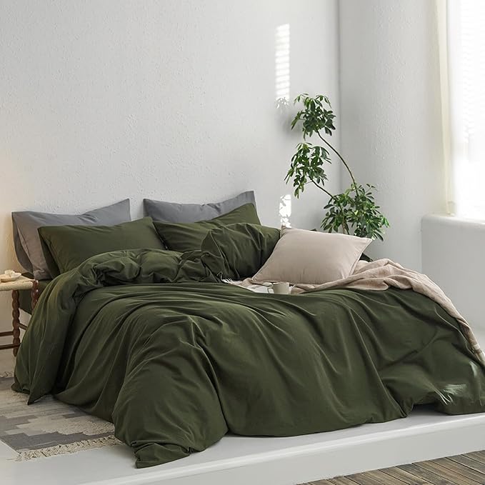 MooMee Queen Duvet Cover Set, 100% Washed Cotton Linen Like Twill Thick Sturdy Material Super Soft Breathable Durable Bedding for All Season, 3 Pieces (Olive Green, Queen 90"x90")