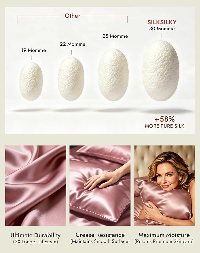 SilkSilky Luxury 30 Momme 100% Pure Organic Mulberry Silk Pillowcase for Hair & Skin, Grade 6A+ Silk Pillow Cases with Hidden Zipper, Cooling Silk for Deep Sleep (Queen 20''x30'', PaleMauve)