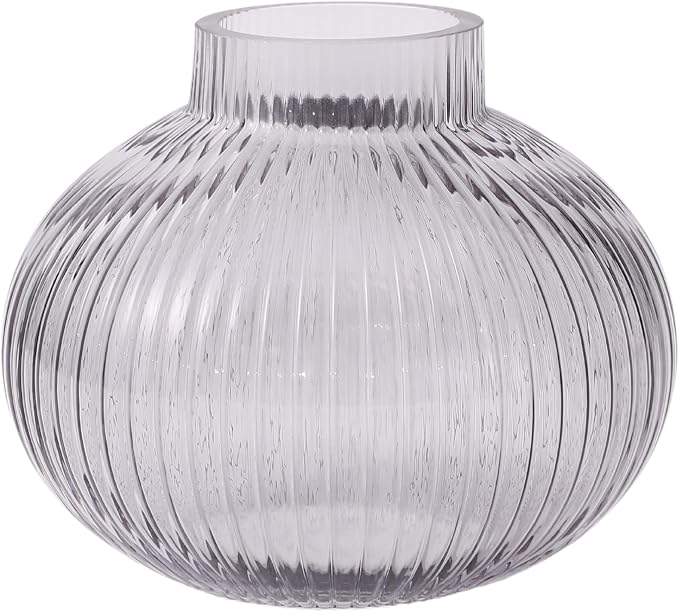 Black Glass Vase for Tulips, Ribbed Glass Vase for Flowers, Round Flower Vases, Small Short Vases for Living Room, Office, Coffee Table, Shelf, Wedding, 6 Inches