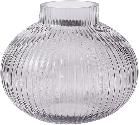Black Glass Vase for Tulips, Ribbed Glass Vase for Flowers, Round Flower Vases, Small Short Vases for Living Room, Office, Coffee Table, Shelf, Wedding, 6 Inches