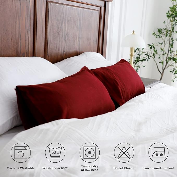 Simple&Opulence Linen Lumbar Pillow Covers 12x20 Inch Set of 2 Flax Cotton Blend Rectangular Decorative Throw Cushion Cover for Couch Sofa Bedroom Office Soft Breathable Farmhouse - Burgundy Red