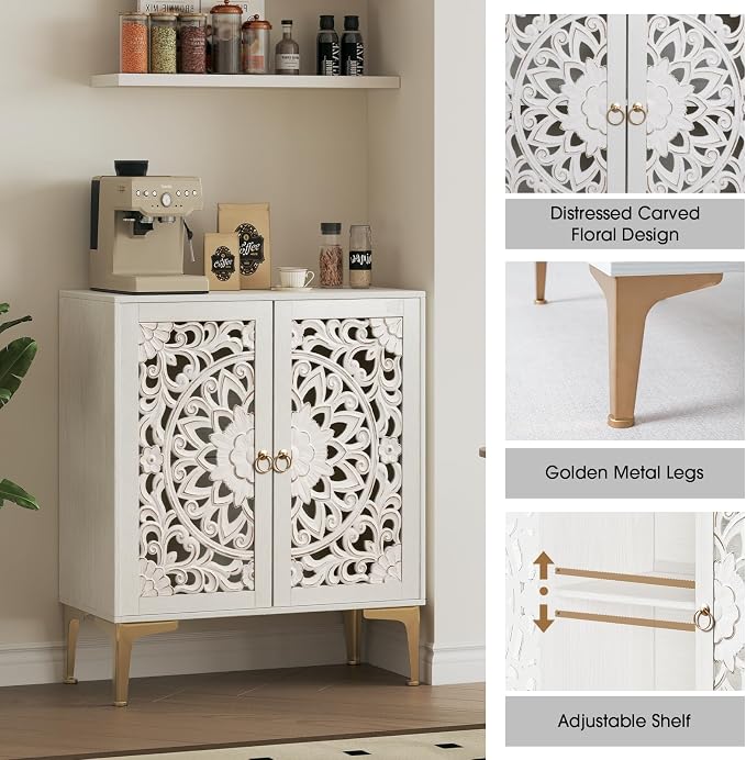 JOINICE 31.5" White Accent Cabinet with Carved Doors & Storage, Set of 2 | Carved Floral Design, Boho, Versatile Storage for Living Room & Bedroom & Hallway & TV Stand, Adjustable Shelf, Easy Assembly