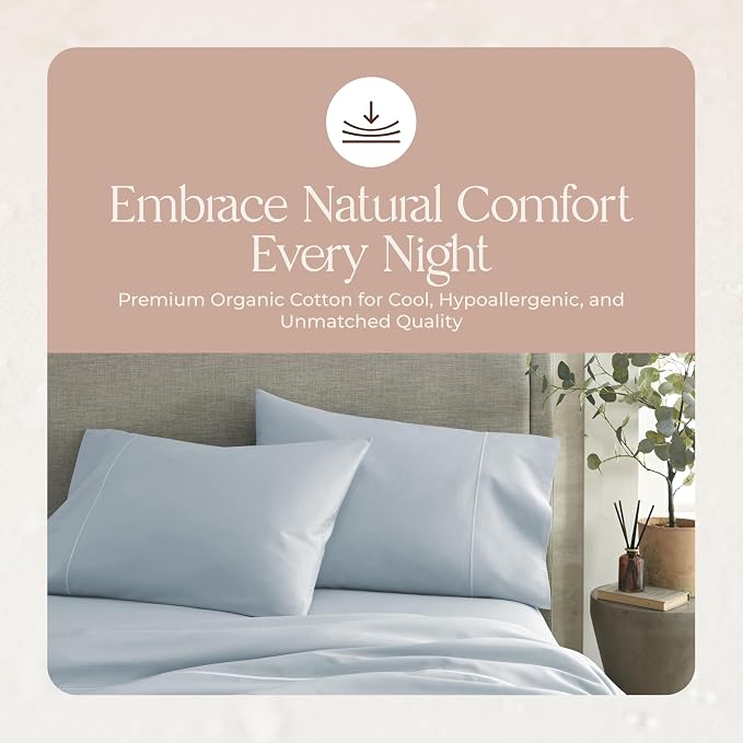 Organic Full Fitted Sheet Only Deep Pocket - 100% Organic Cotton Sheets with Soft Breathable 500 Thread Count Sateen Weave GOTS & Fairtrade Certified - Fitted Bed Sheets Only (Powder, Full)