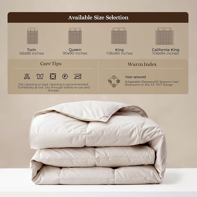 UNIKOME All Season Goose Feather Down Fiber Comforter Twin Size - 100% Organic Cotton Cover Natural Breathable Duvet Insert, 750+ Fill Power, Hotel Luxury Bedding Comforter (68"x88")