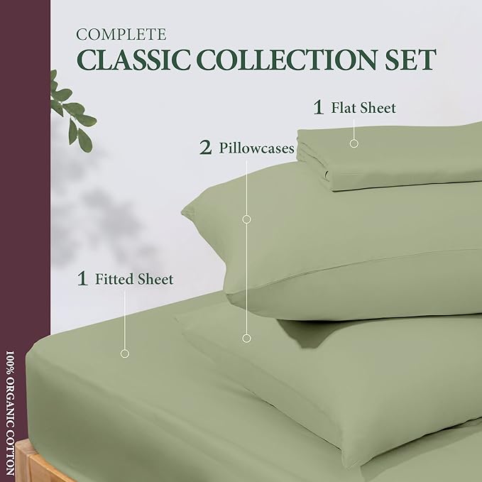 100% Organic Cotton Sheets Queen Size - Organic Cotton Queen Size Percale Weave Sheet Set (4 PC, Sage Green), Soft, Cooling, Crisp & Breathable, 16" Deep Pocket Hotel Quality Bedding Set