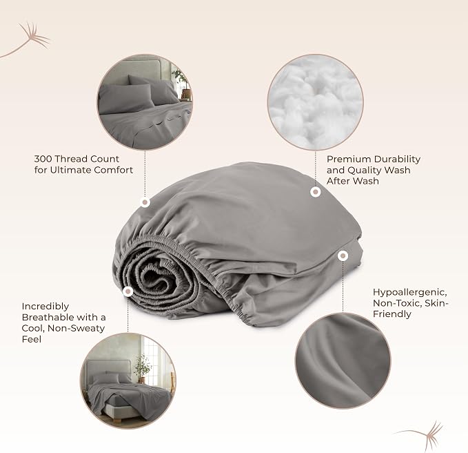 Organic Twin Fitted Sheet Only Deep Pocket - 100% Organic Cotton Sheets with Breathable 300 Thread Count Sateen Weave GOTS & Fairtrade Certified - Soft Fitted Bed Sheets Only (Stone, Twin)