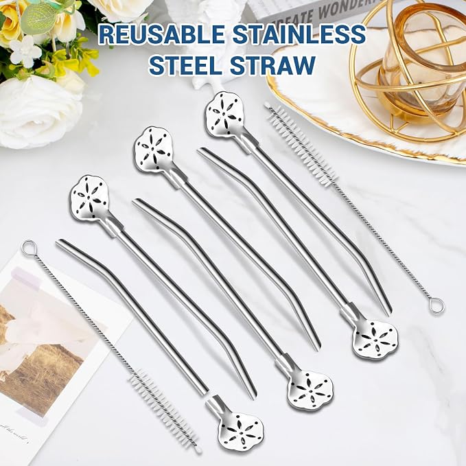 6.3'' Yerba Mate Straw, 6 Pcs Bombilla Metal Spoon Straws Stainless Steel Drinking Filter Straws, Reusable Bent Straw with Cleaning Brush, Removable Straw Spoon for Tea Cocktail coffee(Silver)