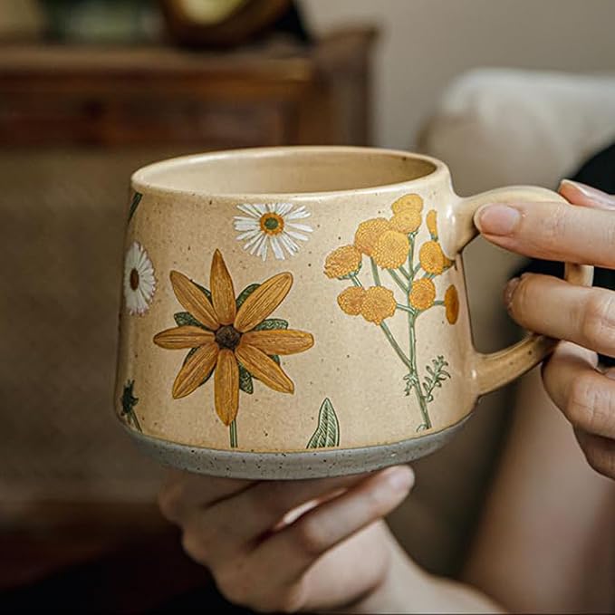 16OZ Ceramic Coffee Latte Mug, Cute Cup for Women, Ideal for Green Tea or Coffee,Hand Painted Floral Design Pottery Mug (sunflower)