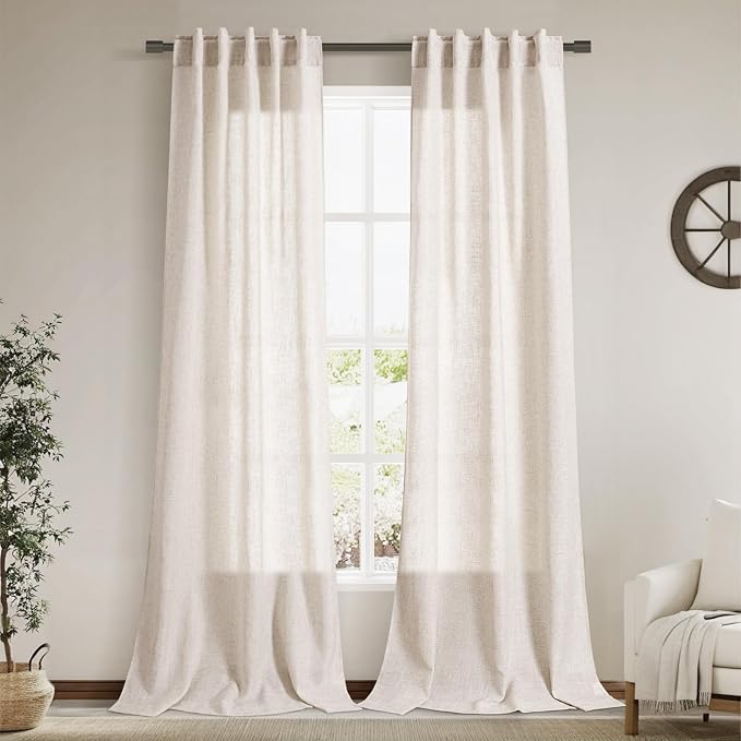 Beige Flax Linen Curtains 90 Inches Long for Bedroom 2 Panels Back Tab Loop Pocket Privacy Neutral Semi Sheer Curtains Country Rustic Farmhouse Light Filtering Drapes for Living Dining Room 40x90