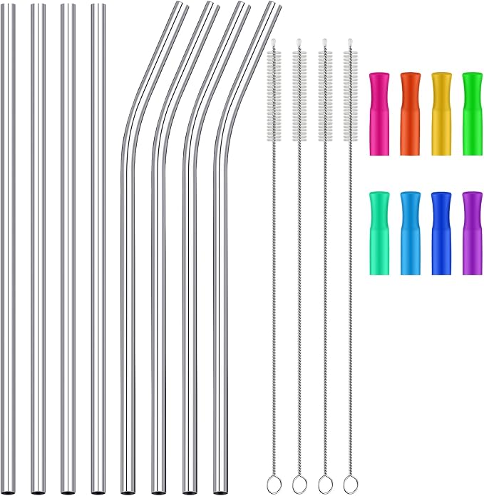 Suclain 20 Pieces 14 Inch Stainless Steel Straws Extra Long Reusable Metal Drinking Replacement Straws for 40oz 100 oz Tumblers with Silicone Tips and 4 Pieces Cleaning Brush