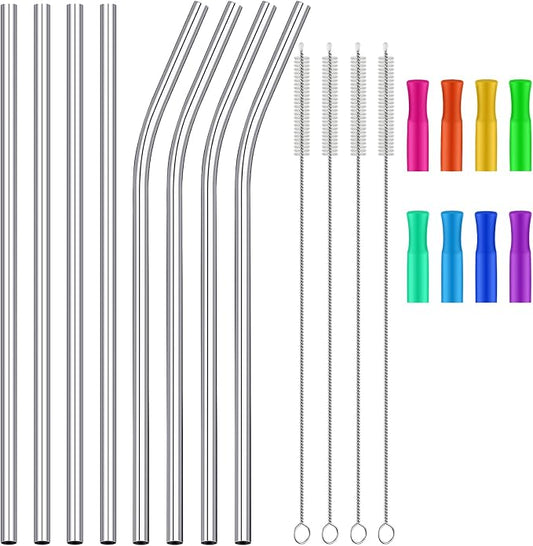 Suclain 20 Pieces 14 Inch Stainless Steel Straws Extra Long Reusable Metal Drinking Replacement Straws for 40oz 100 oz Tumblers with Silicone Tips and 4 Pieces Cleaning Brush