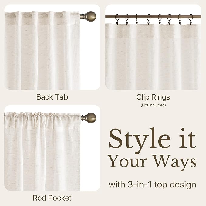NICETOWN Linen Blend Semi Sheer 108 inch Curtains, Grommet Thick Flax Linen Weave Drapes Privacy with Light Filtering Drapes Airy & Elegant for Bedroom/Living Room, W52 x L108, 2 Panels