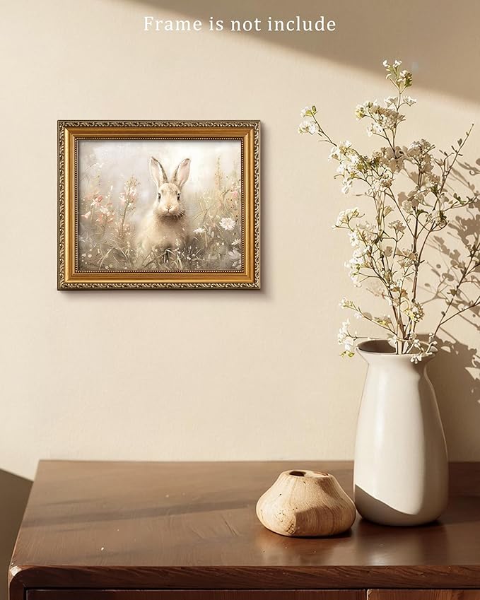 Vodefoad Easter Bunny Vintage Print, Rabbit in Spring Landscape Painting, Funny Rustic Summer Decor, Hare Nursery Wall Art Printable, Neutral Moody Meadow Oil Painting Vintage Art Pictures for Bedroom Bathroom Decor - 8x10Inch Unframe