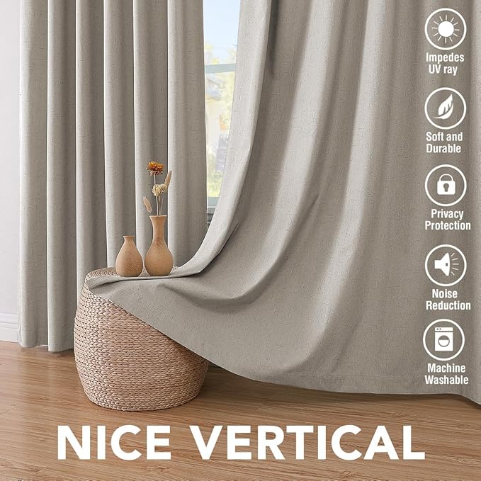 H.VERSAILTEX Blackout Curtains Linen Curtains 120 inches Long 100% Black Out Curtains for Bedroom Windows, Textured Linen Look Draperies Grommet with White Liner, 2 Panels, Stone