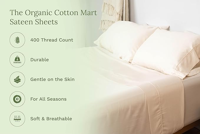 Organic Cotton Twin Sheets Set - 100% GOTS Certified Organic Cotton, 400 Thread Count, Chemical-Free, Cooling, Deep Pocket, Soft Sateen Weave, Hypoallergenic, All-Season and Breathable (Twin - Ivory)