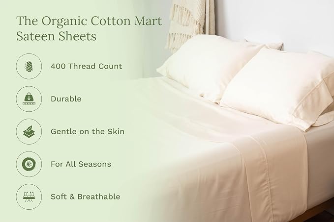 Organic Cotton King Sheets Set - 100% GOTS Certified Organic Cotton, 400 Thread Count, Chemical-Free, Cooling, Deep Pocket, Soft Sateen Weave, Hypoallergenic, All-Season and Breathable (King - Ivory)