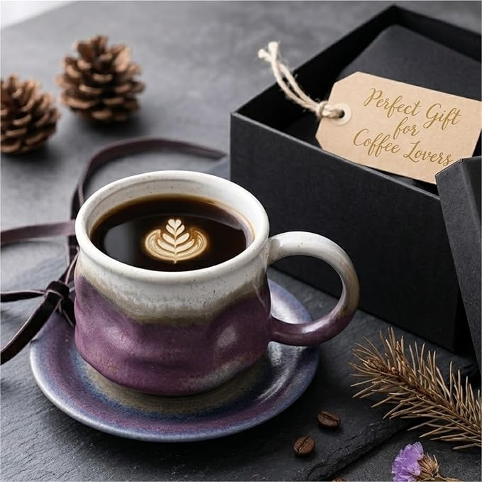 Handmade gradient ceramic coffee cup and saucer set, 8-ounce ceramic mug, distinctive glaze technology, microwave/dishwasher safe for coffee, tea, latte, rustic craftsman style(Gradient purple)