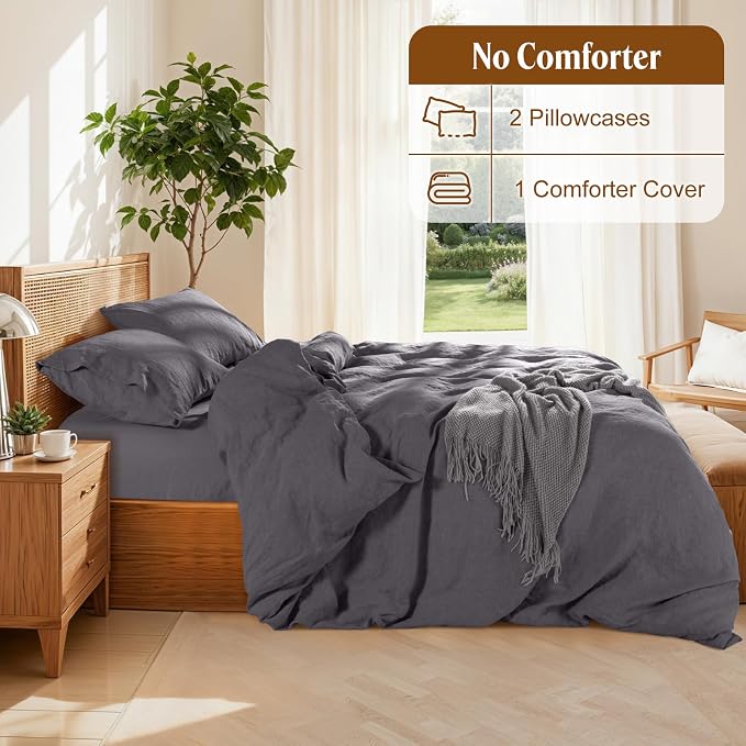 LBRO2M 100% France Linen Duvet Cover Set 3 Pcs Including 1 Flax Comforter Cover with Zipper Closure, 2 Pillowcase, Cozy Duvet Cover King Size, Dark Gray