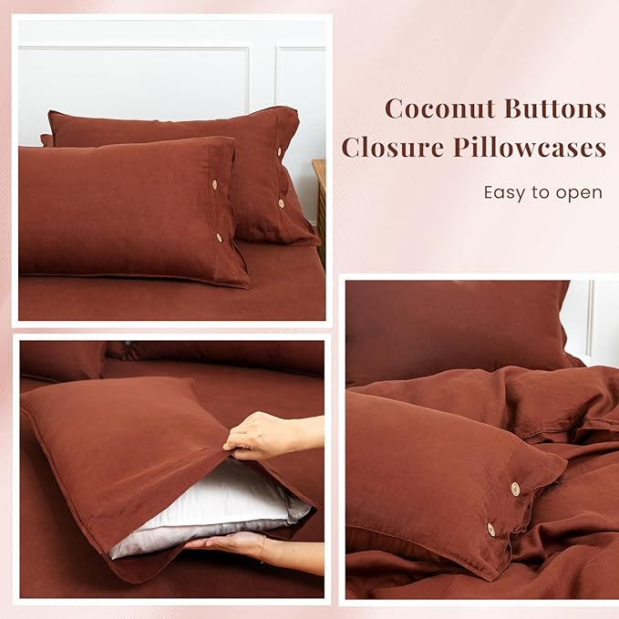 S VICTORY SYMBOL 100% Organic Linen Duvet Cover Set Queen Size 3pcs,Natural French Washed Flax Solid Color Soft Breathable (1 Duvet Cover and 2 Pillowcases) with Coconut Button Closure,Burgundy