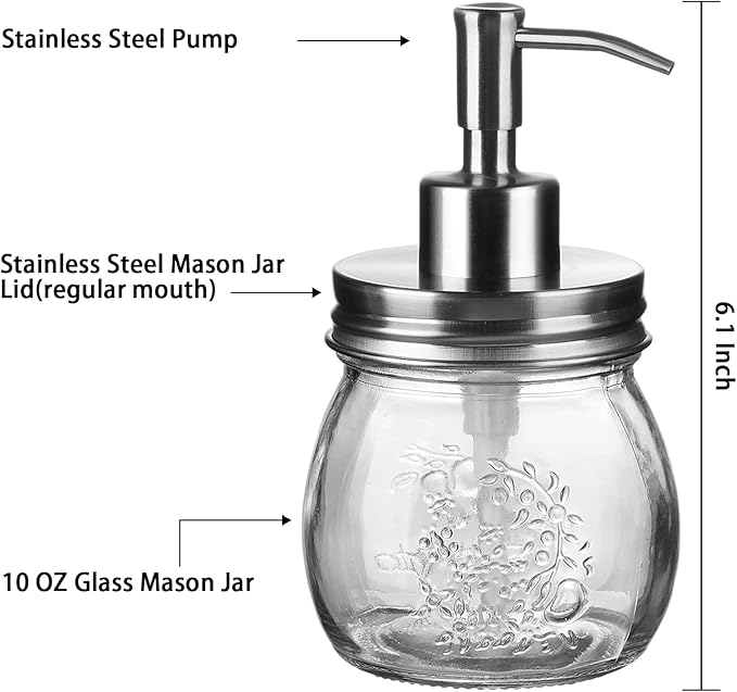 Amolliar 10 OZ Mason Jar Liquid Soap Dispenser, Stainless Steel Pump, Cute Farmhouse Decor for Kitchen, Refillable Hand Soap Dispenser, Silver 1 Pack With Amber Glass Qtip Holder, Apothecary Jar 2Pack