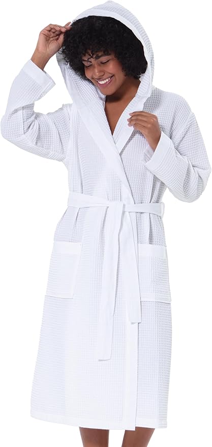 SEYANTE Women's Organic Cotton Waffle Kimono, Hooded Robe – GOTS Certified Lightweight Full-Length Spa Bathrobe with Piping