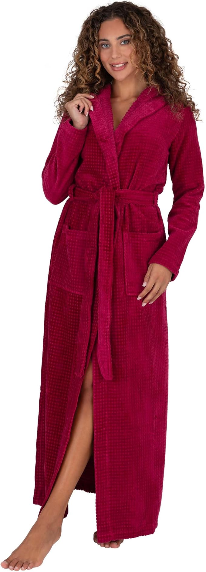 Be Relax Bathrobe for Women - Full Length Terry Cotton Robe with Shawl Collar and Hood, Warm and Cozy Robe with Belt & Pocket
