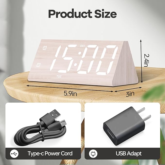 JALL All Digital Alarm Clock, with Wooden Electronic LED Time Display, 3 Alarm Settings, Humidity & Temperature Detect, Wood Made Electric Clocks for Bedroom, Bedside, Desk (White-Big Bold)