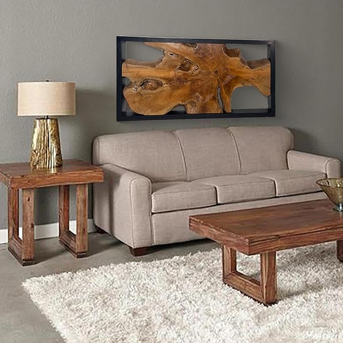 Warmaxx Teak Natural Wood Wall Art Decoration 31.6" x 15.8" Rectangle Farmhouse Wall Art Décor Home Living Room Vintage Accent Bedroom Office Rustic Handcrafted Wooden Floral Design