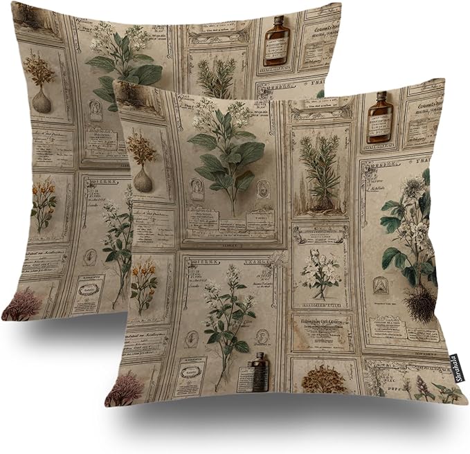 Shrahala Mythical Plants Specimen Labels Linen Throw Pillow Cover, Victorian Herbarium with Earth Tones Square Pillowcase Blended Double-Sided No Inserts for Bedroom Living Room Set of 2 (22 x 22 in)