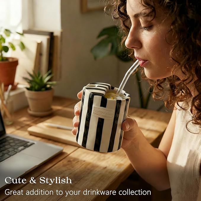 Ceramic Coffee Mug with Half Lid, 12oz To Go Coffee Mug, Handcrafted Striped Glazed Ceramic Coffee Mug with Dual Sip Lid for Hot and Cold Drinks, Black