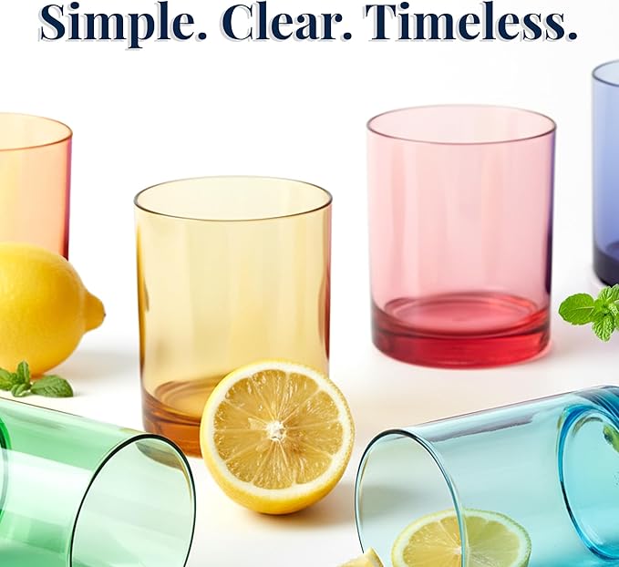 US Acrylic Classic Plastic Reusable Drinking Glasses (Set of 6) 12oz Rocks Cups Assorted Colors | BPA-Free Tumblers, Made in USA | Top-Rack Dishwasher Safe