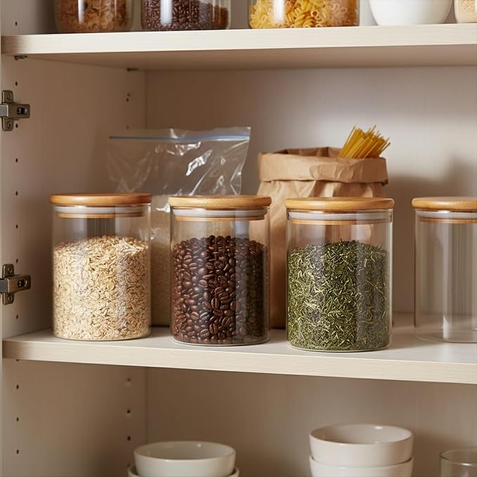 Borosilicate Glass Storage Jars with Bamboo Lids, Clear Kitchen Canisters for Pantry Organization of Dry Goods, Coffee, Tea, and Grains