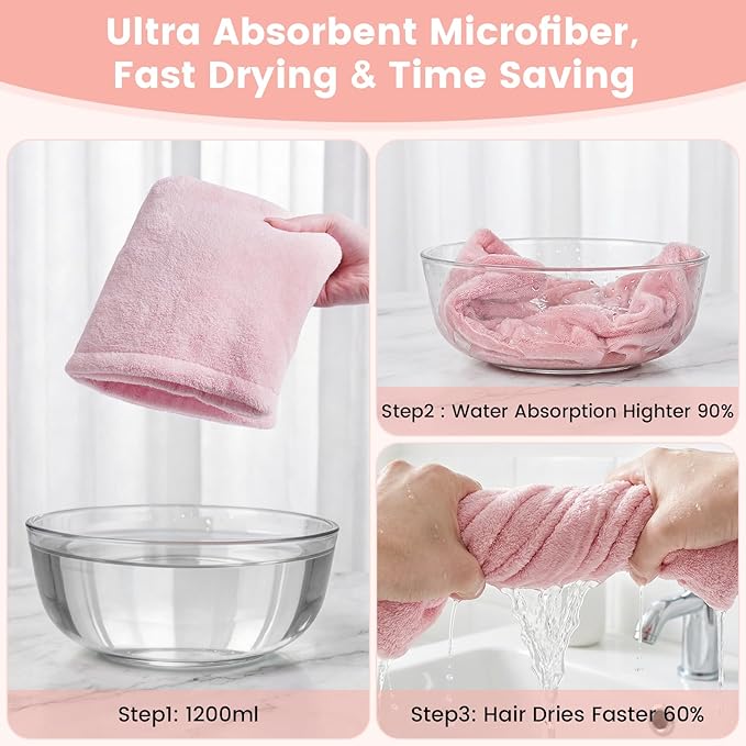 3 Pack Microfiber Hair Towel Wrap for Women, Large Fast Drying Hair Turban, Ultra Soft Thick Anti-Frizz, Double Stitched Edges & Stay in Place No Slip Design for Curly Long Wet Hair(Pink/Grey/Blue)