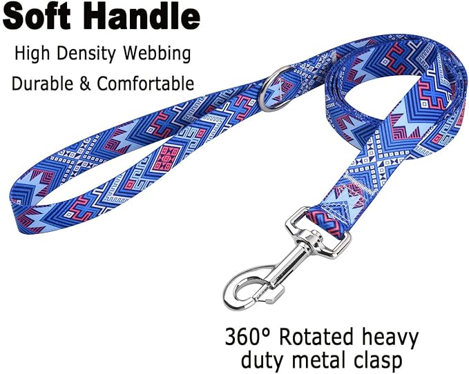 MarukoPet Dog Collar and Leash Set, Adjustable for Small Medium Large Dogs Puppy, Cute Design with Bohemia Floral Tribal Geometric Patterns Boys Girls Dog Collar(Blue Ethnic Style Set,S)