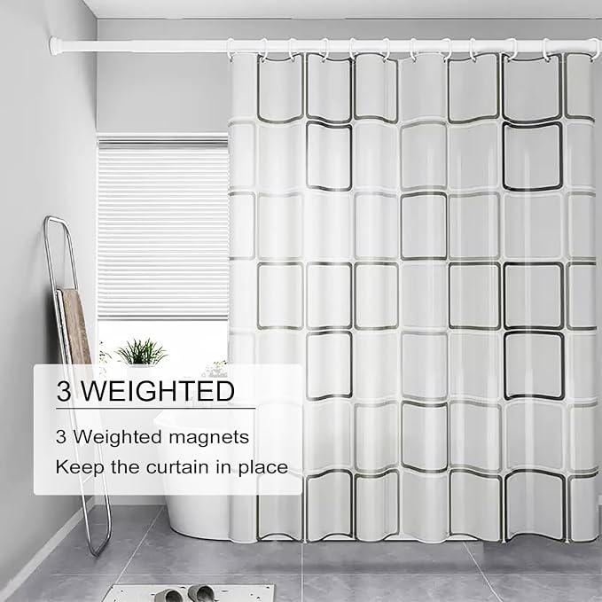 TIKABC Shower Curtain Liner, 4G PEVA Shower Liner, Plastic Waterproof Shower Curtains, with Grommet Holes and 3 Magnetic Weights(Black White Big Square)