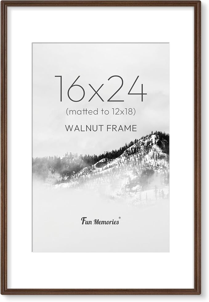 16x24 Picture Frame with Mat for 12x18, USA-Sourced Walnut Wood Handcrafted Rounded Corner with HD Tempered Glass, 16 x 24 Gallery Wall Frames for Posters & Art Prints, Vertically or Horizontally